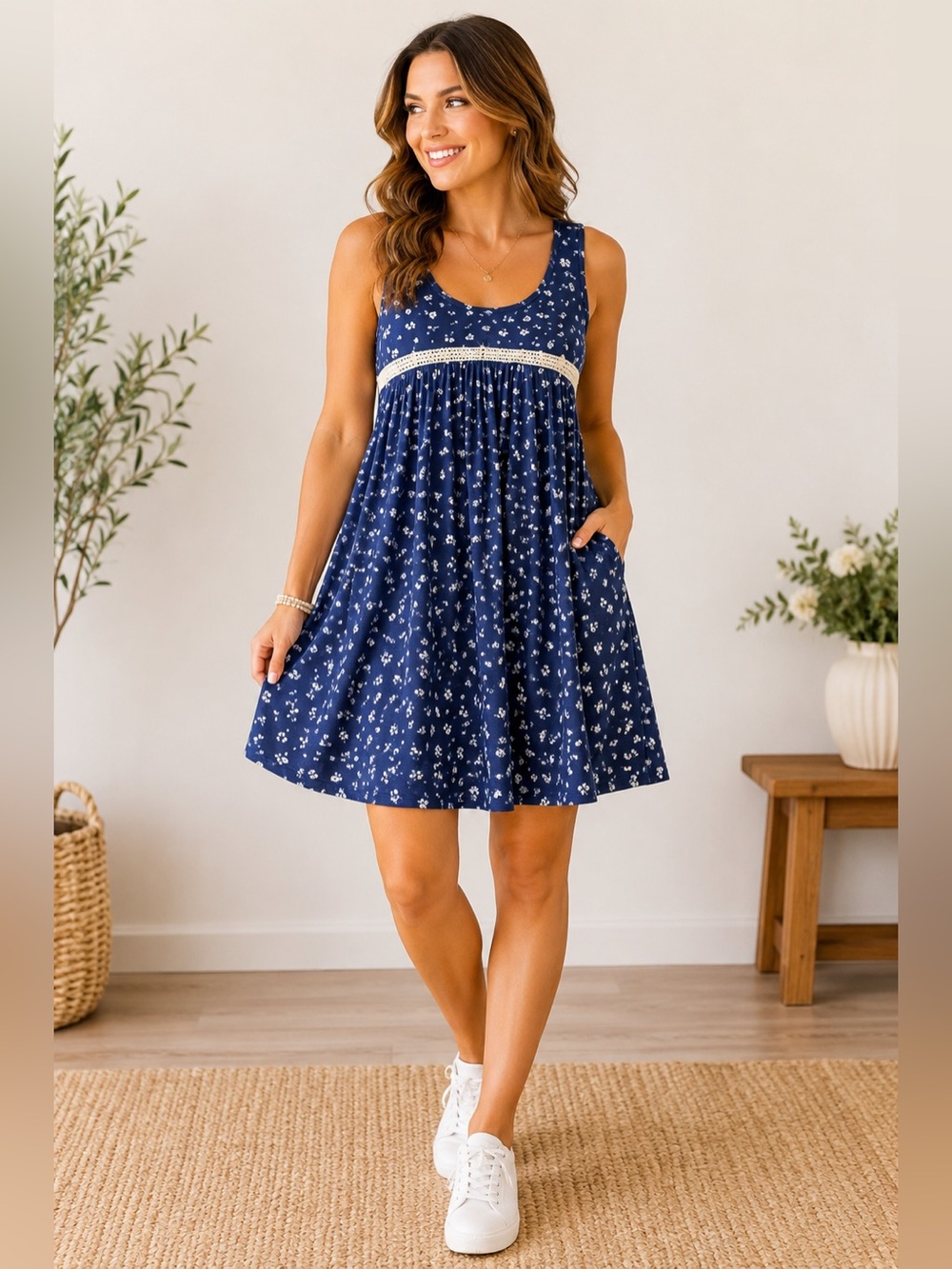French Grey Stitch Fix Large Blue Floral Crochet Trim Fit Flare Dress